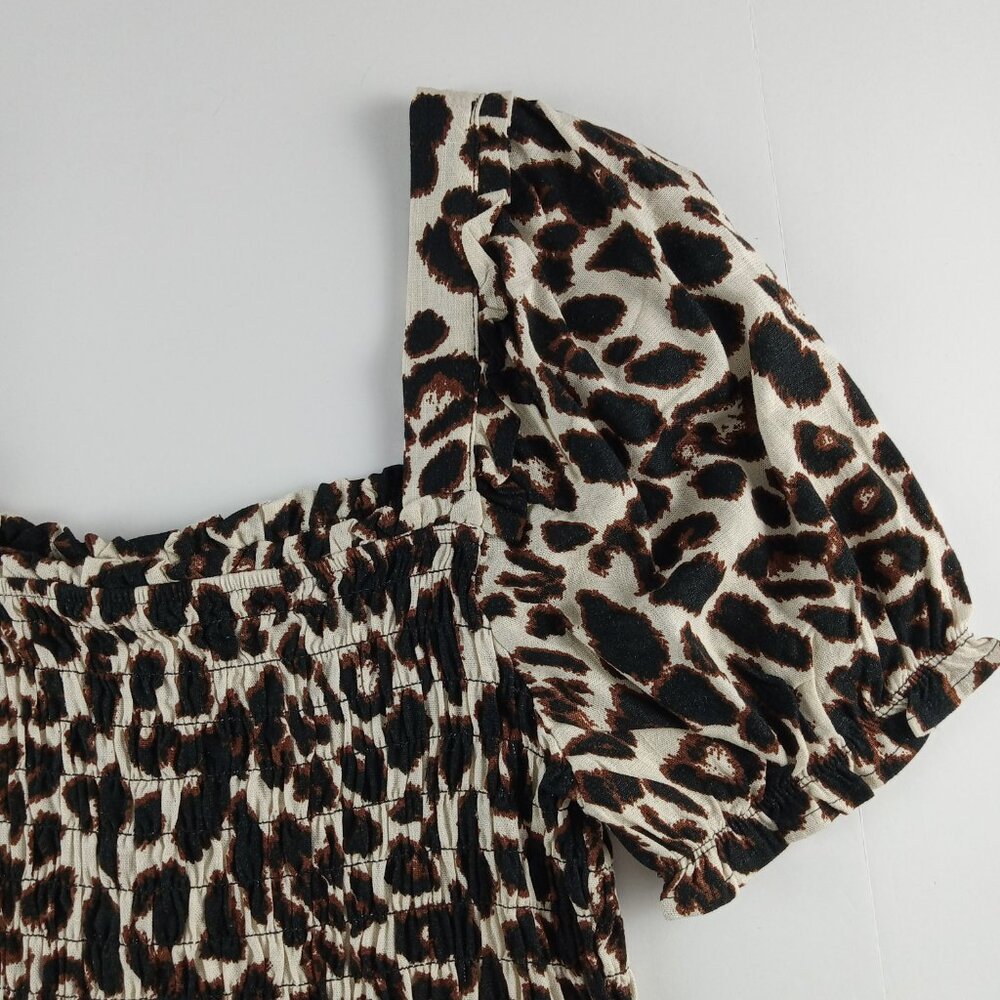 Monteau Puff Sleeve Smocked Crop Top Women's Size XL Leopard Print Linen Blend - Picture 3 of 8